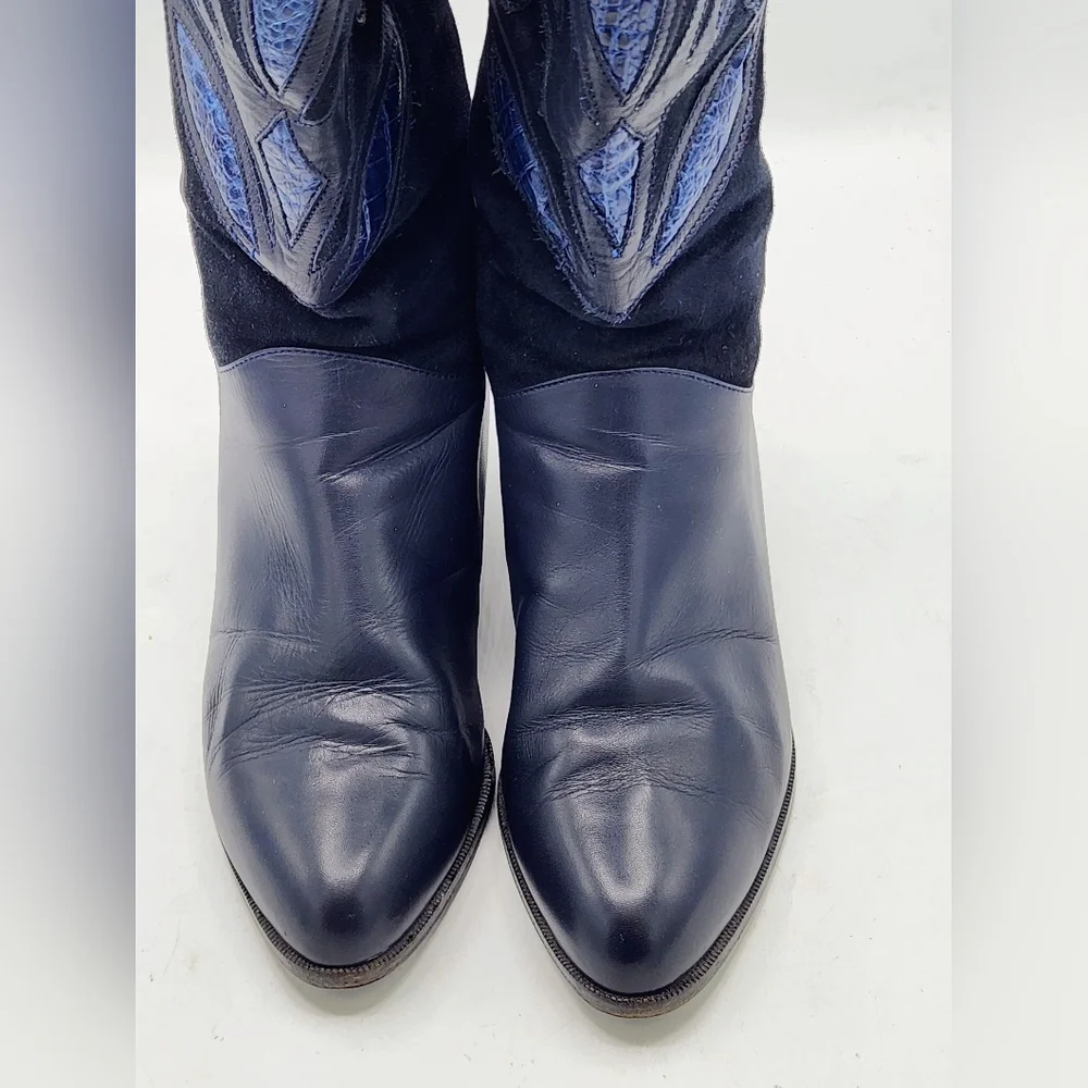 Brunella Italy Vintage Navy Leather & Suede Tall Western Boots Size US 8.5 - 9